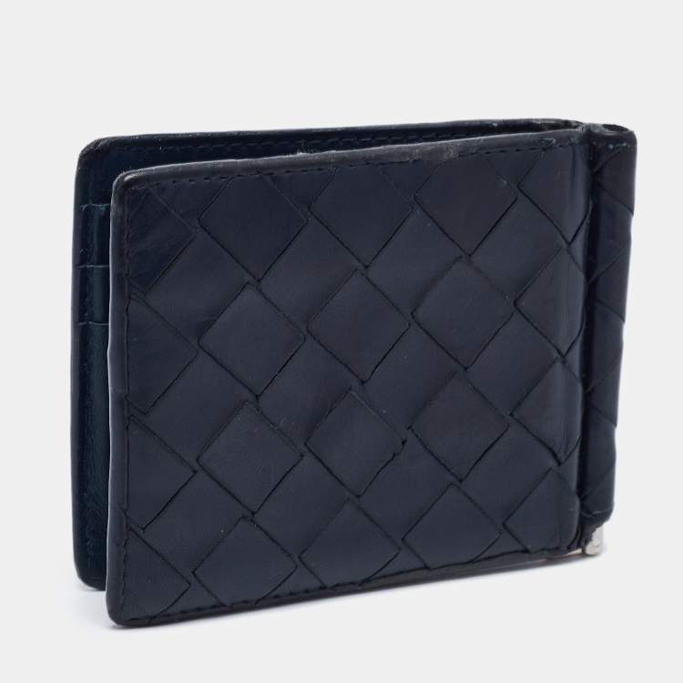 Pre Owned Bottega Veneta Navy Blue Intrecciato Leather Money Clip Bifold Wallet
