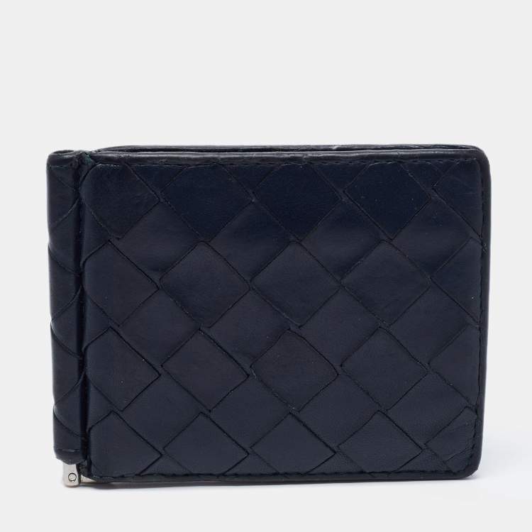 Pre Owned Bottega Veneta Navy Blue Intrecciato Leather Money Clip Bifold Wallet