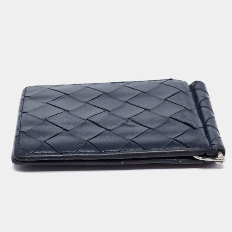 Pre Owned Bottega Veneta Navy Blue Intrecciato Leather Money Clip Bifold Wallet