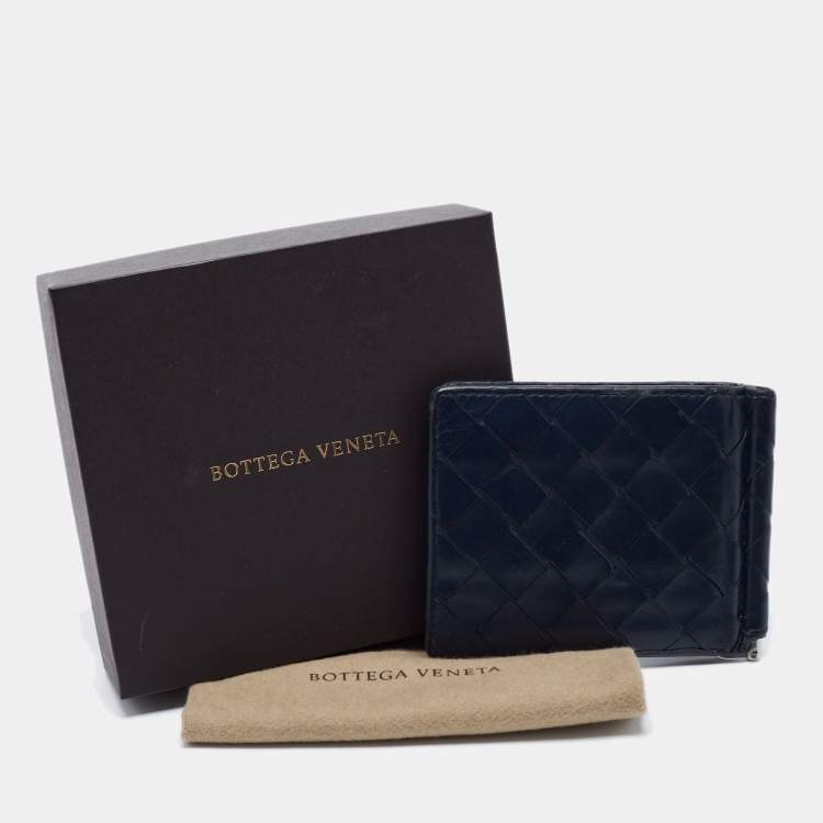 Pre Owned Bottega Veneta Navy Blue Intrecciato Leather Money Clip Bifold Wallet