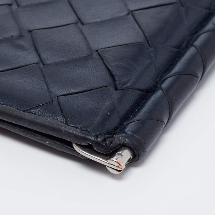 Pre Owned Bottega Veneta Navy Blue Intrecciato Leather Money Clip Bifold Wallet
