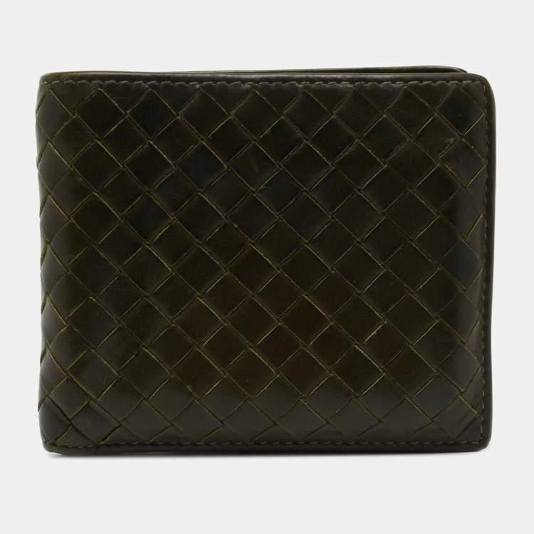 Pre Owned Bottega Veneta Olive Green Intrecciato Leather Bifold Wallet