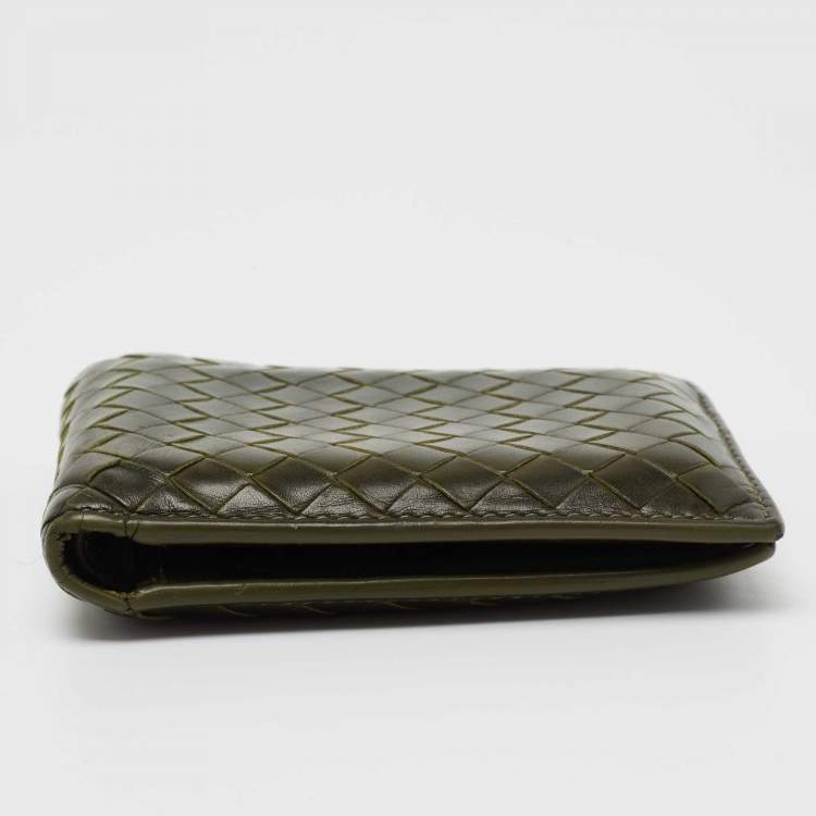 Pre Owned Bottega Veneta Olive Green Intrecciato Leather Bifold Wallet