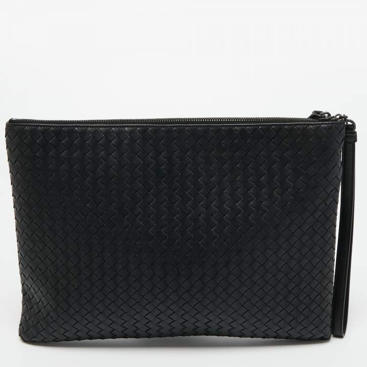 Pre Owned Bottega Veneta Black Intrecciato Leather Wristlet Clutch