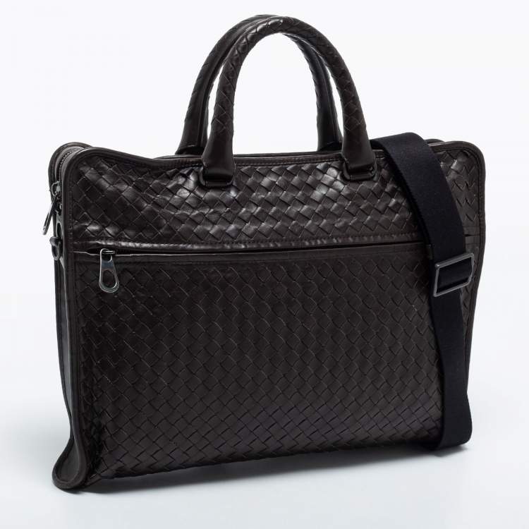 Pre Owned Bottega Veneta Dark Brown Intrecciato Leather Brief Laptop Bag