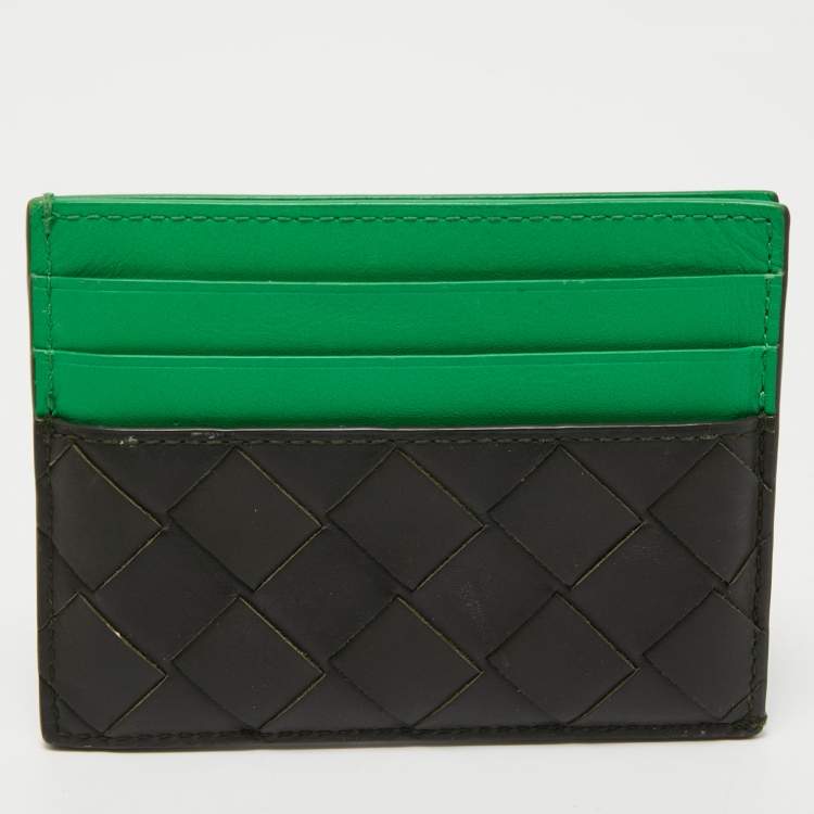 Pre Owned Bottega Veneta Black/Green Intrecciato Leather Card Holder