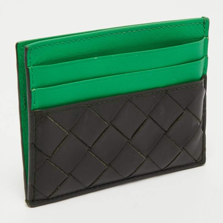 Pre Owned Bottega Veneta Black/Green Intrecciato Leather Card Holder