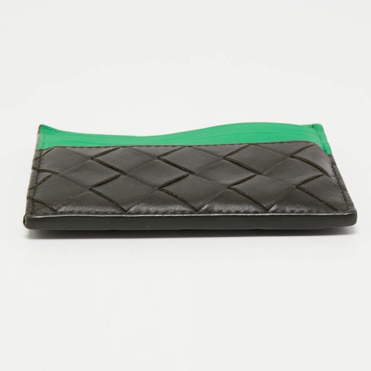 Pre Owned Bottega Veneta Black/Green Intrecciato Leather Card Holder