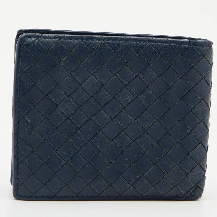 Pre Owned Bottega Veneta Blue Intrecciato Leather and Crocodile Bifold Wallet