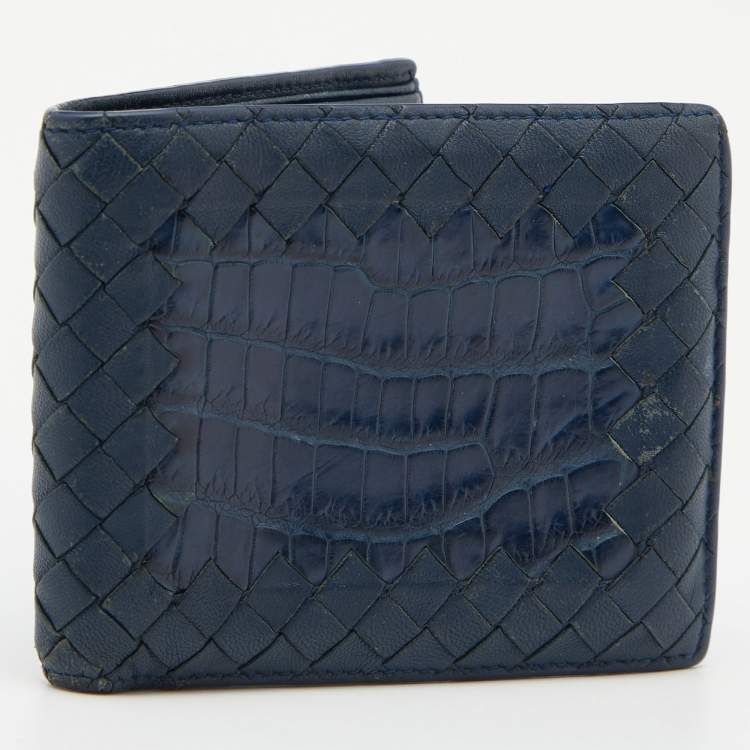 Pre Owned Bottega Veneta Blue Intrecciato Leather and Crocodile Bifold Wallet