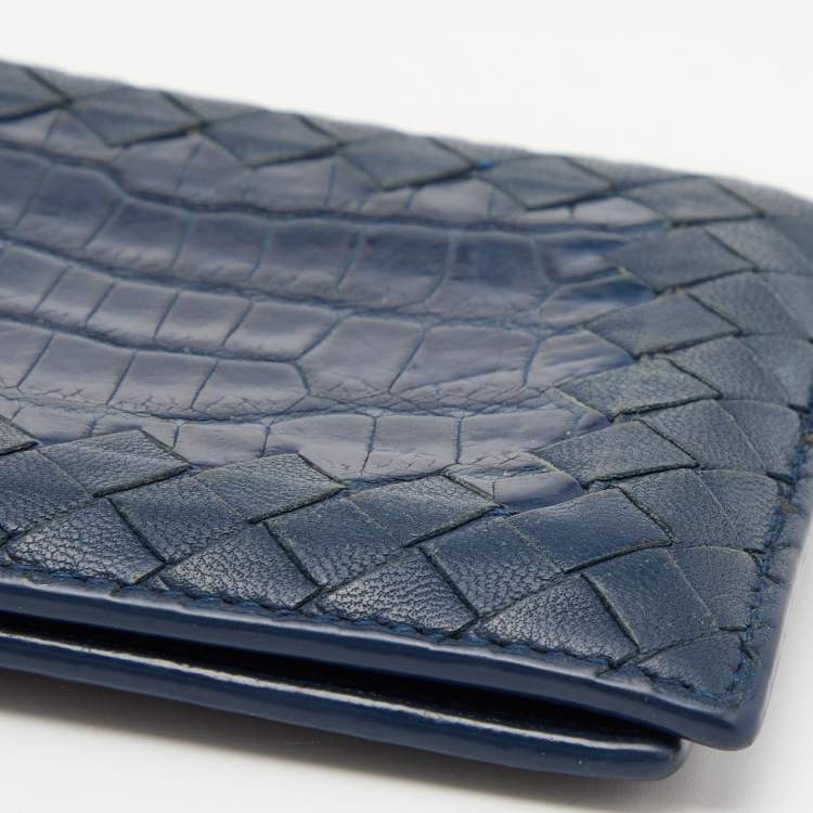 Pre Owned Bottega Veneta Blue Intrecciato Leather and Crocodile Bifold Wallet