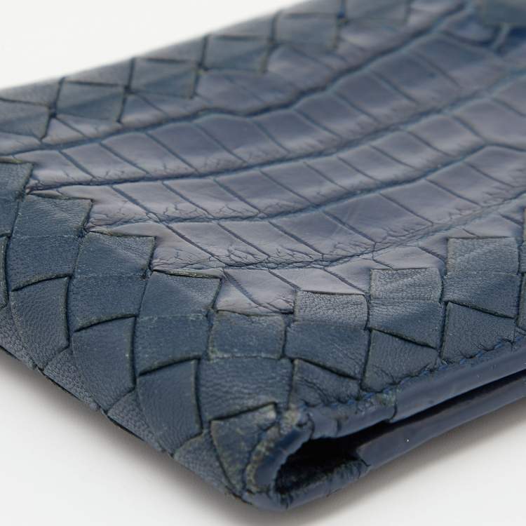 Pre Owned Bottega Veneta Blue Intrecciato Leather and Crocodile Bifold Wallet
