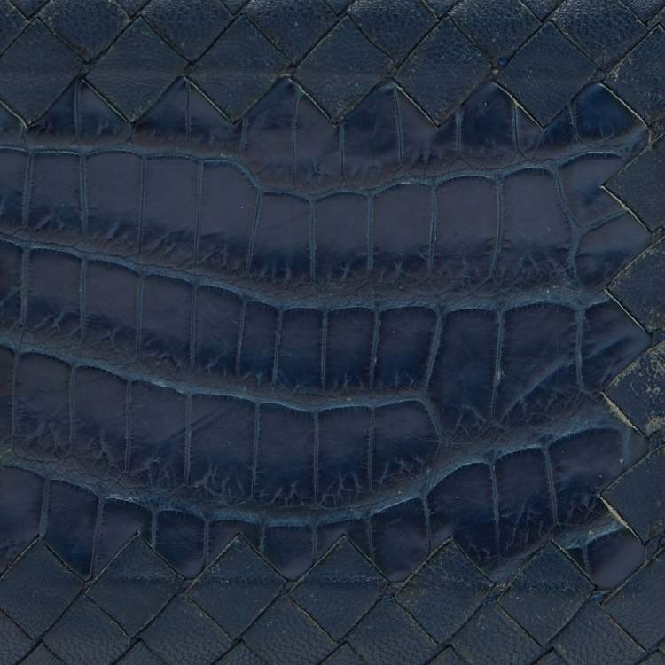 Pre Owned Bottega Veneta Blue Intrecciato Leather and Crocodile Bifold Wallet