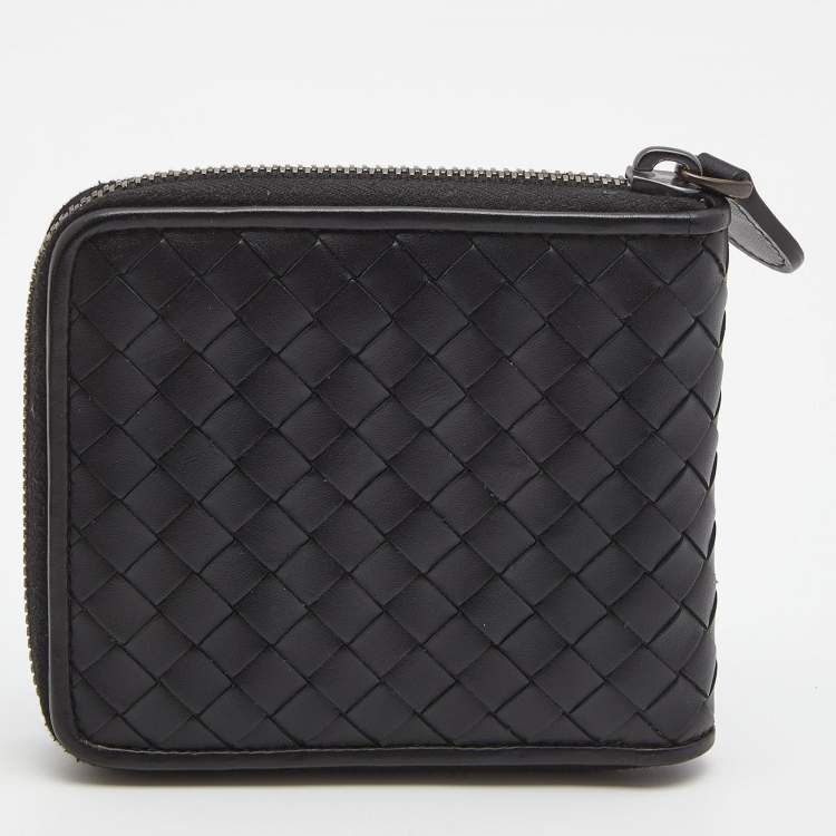 Pre Owned Bottega Veneta Black Intrecciato Leather Zip Around Compact Wallet