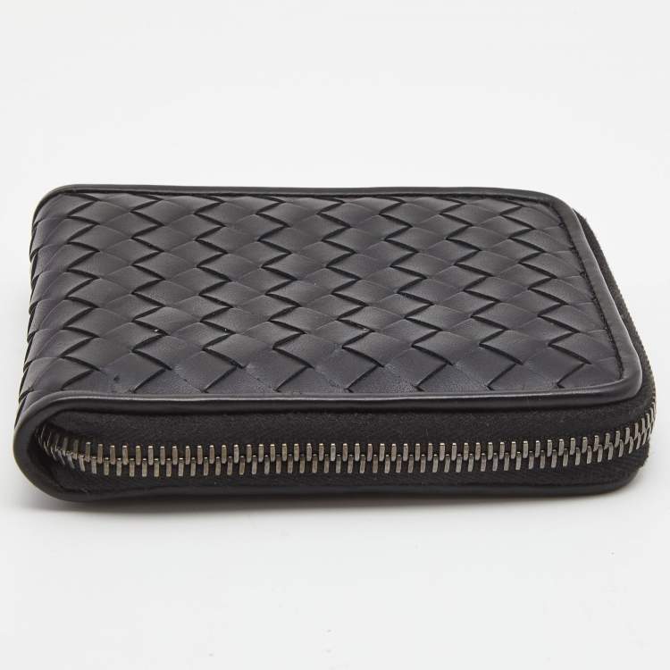 Pre Owned Bottega Veneta Black Intrecciato Leather Zip Around Compact Wallet