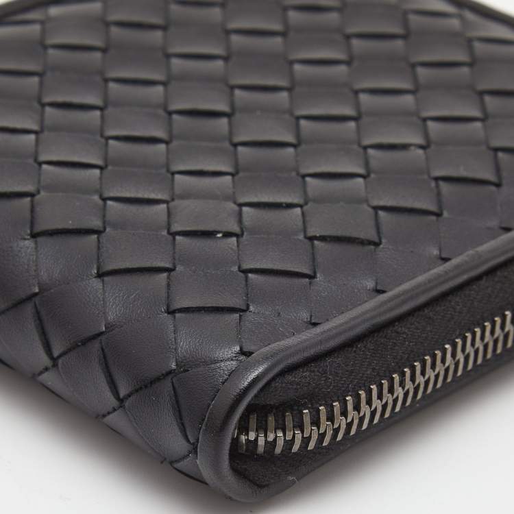 Pre Owned Bottega Veneta Black Intrecciato Leather Zip Around Compact Wallet