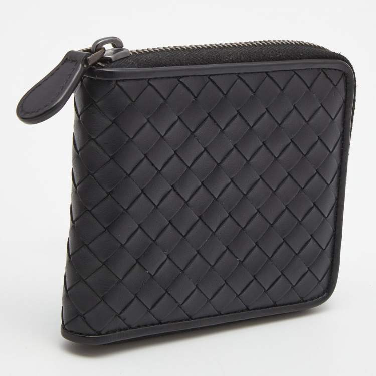 Pre Owned Bottega Veneta Black Intrecciato Leather Zip Around Compact Wallet