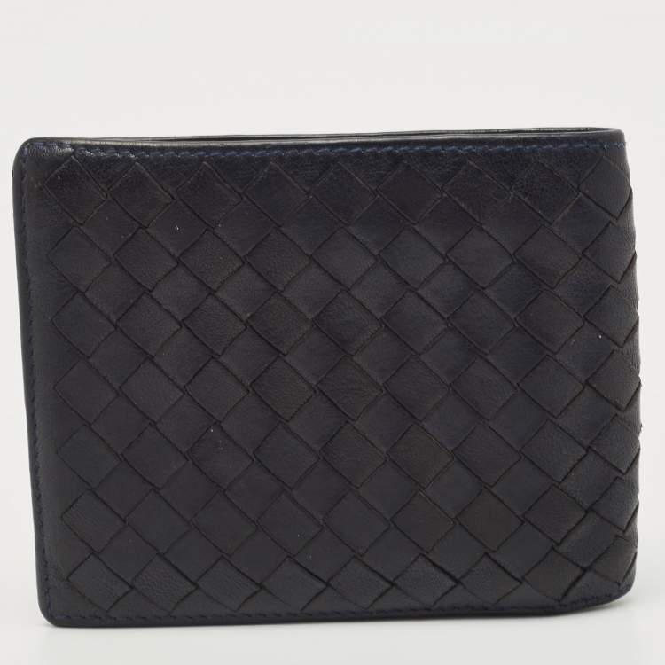 Pre Owned Bottega Veneta Navy Blue Intrecciato Leather Bifold Wallet