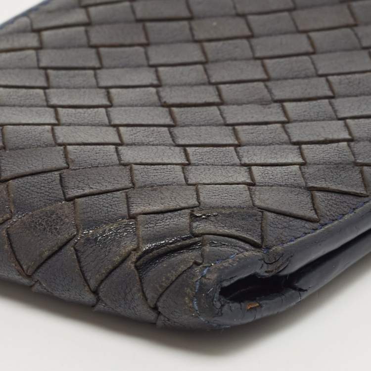 Pre Owned Bottega Veneta Navy Blue Intrecciato Leather Bifold Wallet