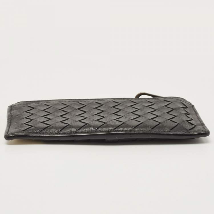 Pre Owned Bottega Veneta Black/White Intrecciato Leather Zip Card Holder