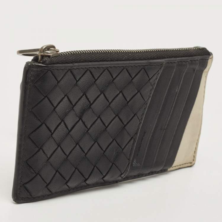 Pre Owned Bottega Veneta Black/White Intrecciato Leather Zip Card Holder