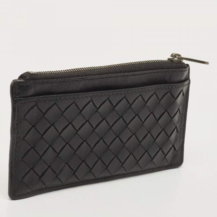 Pre Owned Bottega Veneta Black/White Intrecciato Leather Zip Card Holder