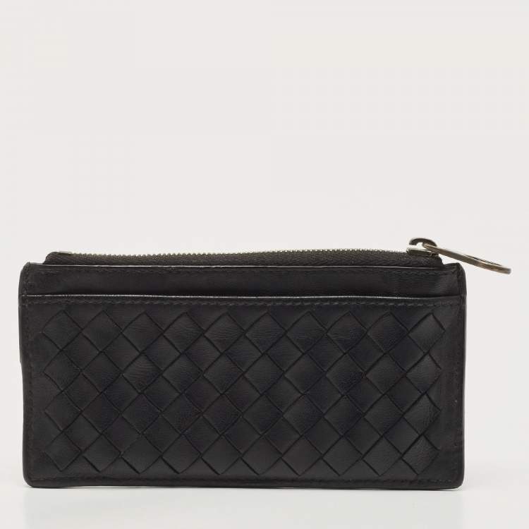 Pre Owned Bottega Veneta Black/White Intrecciato Leather Zip Card Holder