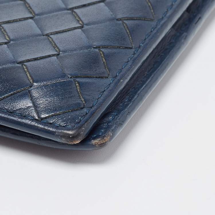 Pre Owned Bottega Veneta Navy Blue Intrecciato Leather Bifold Wallet