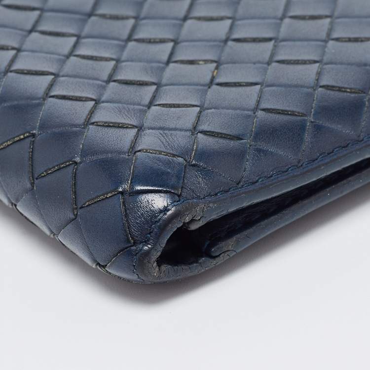 Pre Owned Bottega Veneta Navy Blue Intrecciato Leather Bifold Wallet