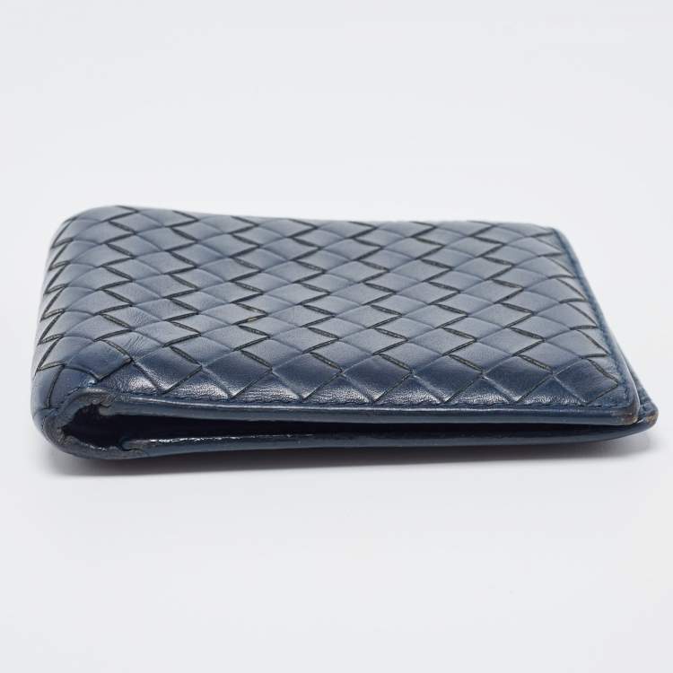 Pre Owned Bottega Veneta Navy Blue Intrecciato Leather Bifold Wallet