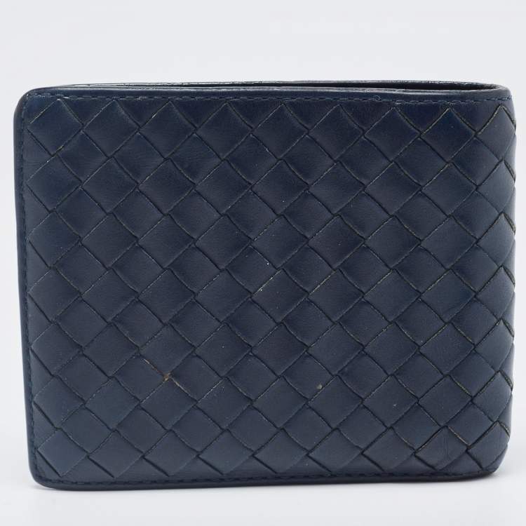 Pre Owned Bottega Veneta Navy Blue Intrecciato Leather Bifold Wallet