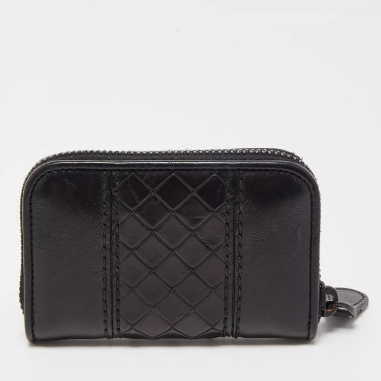 Pre Owned Bottega Veneta Black Intrecciato Leather Zip Coin Purse