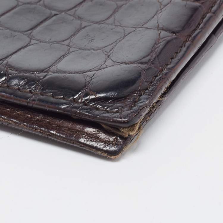 Pre Owned Bottega Veneta Dark Brown Crocodile Bifold Wallet
