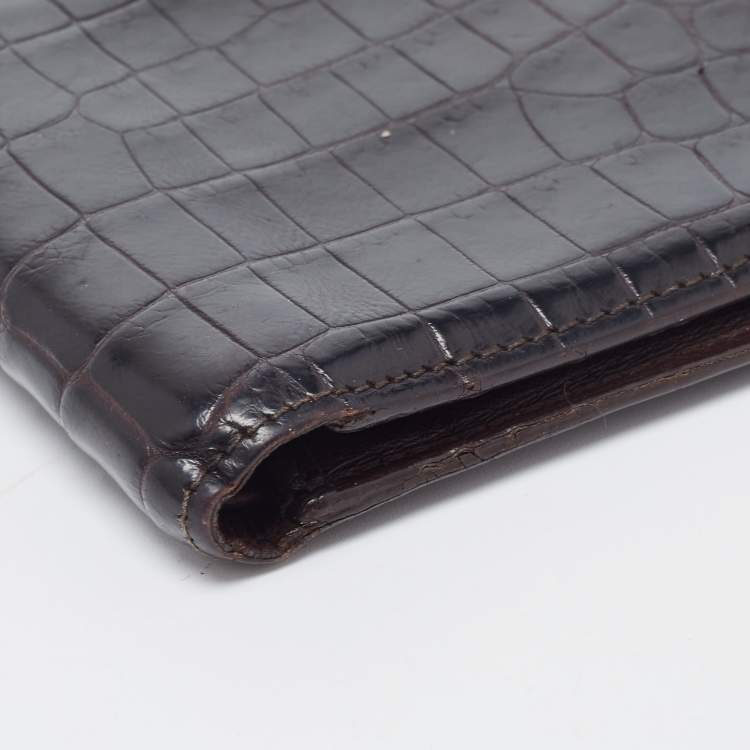 Pre Owned Bottega Veneta Dark Brown Crocodile Bifold Wallet