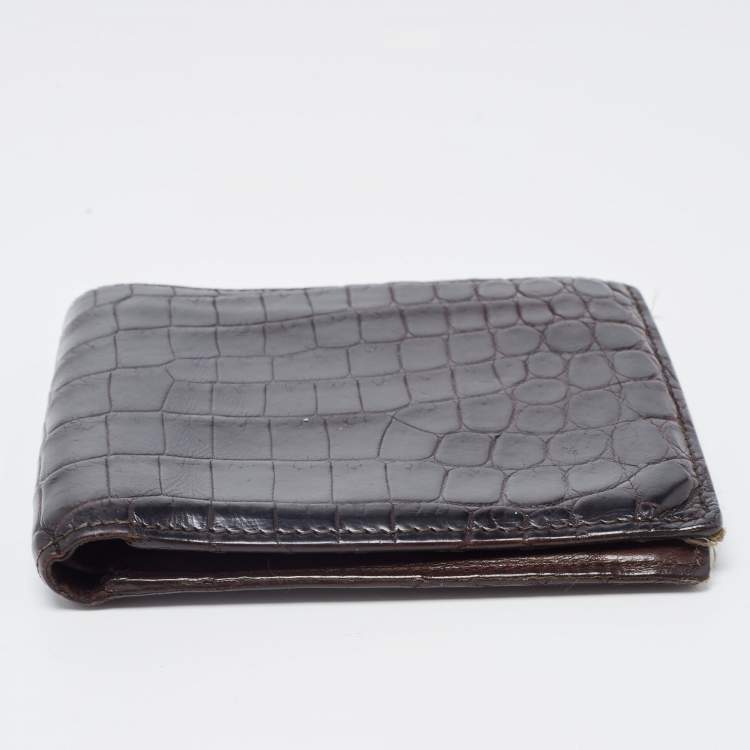 Pre Owned Bottega Veneta Dark Brown Crocodile Bifold Wallet