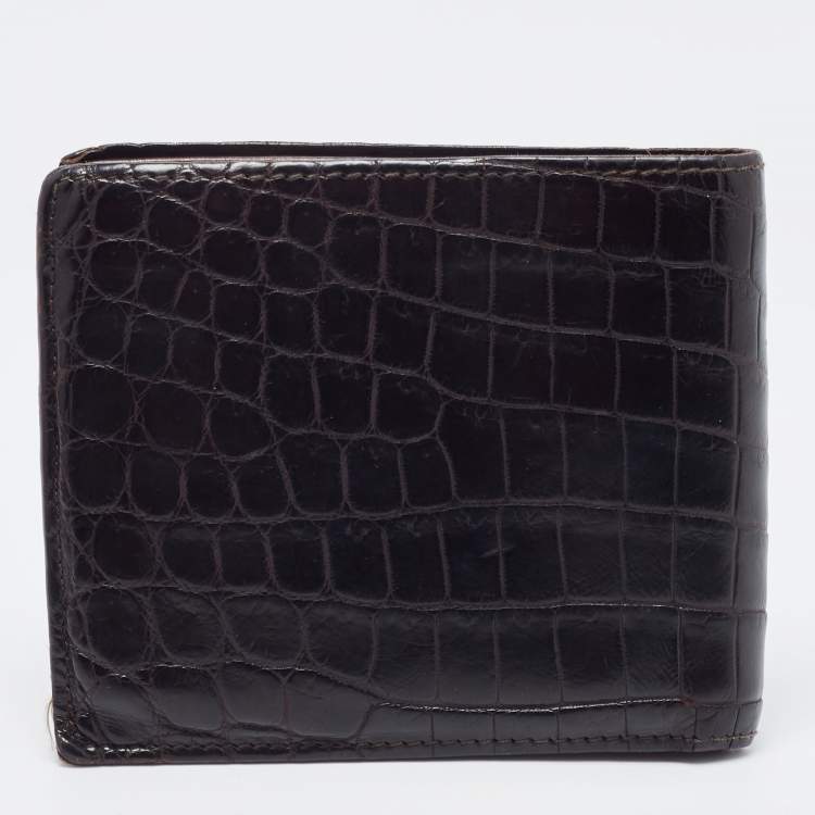 Pre Owned Bottega Veneta Dark Brown Crocodile Bifold Wallet