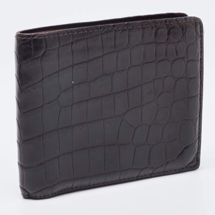 Pre Owned Bottega Veneta Dark Brown Crocodile Bifold Wallet