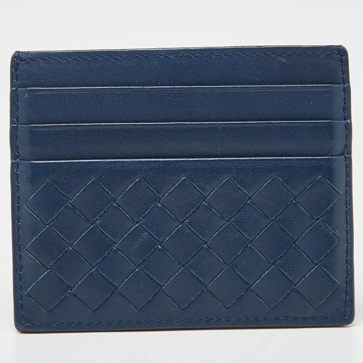 Pre Owned Bottega Veneta Blue Intrecciato Leather Card Holder