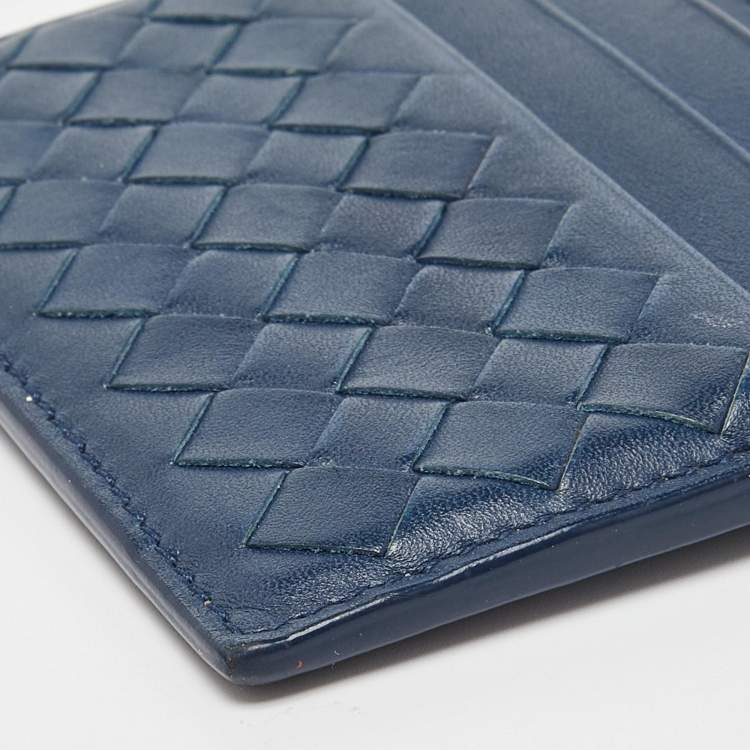 Pre Owned Bottega Veneta Blue Intrecciato Leather Card Holder