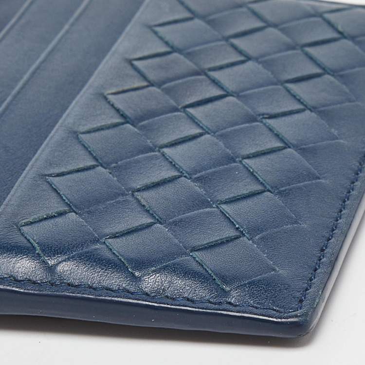 Pre Owned Bottega Veneta Blue Intrecciato Leather Card Holder