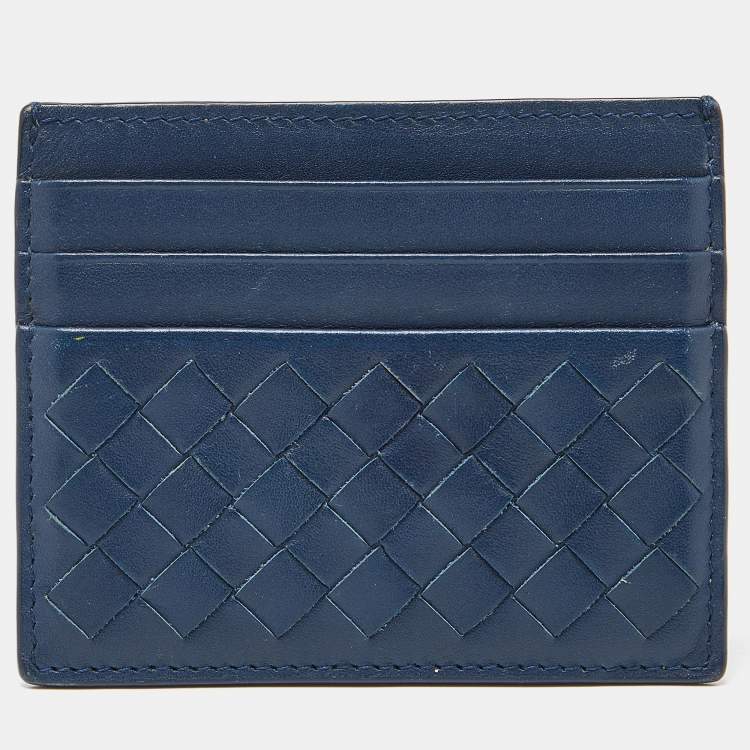 Pre Owned Bottega Veneta Blue Intrecciato Leather Card Holder