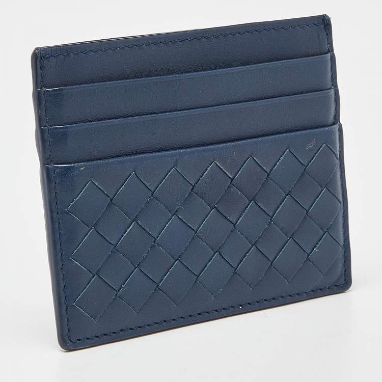 Pre Owned Bottega Veneta Blue Intrecciato Leather Card Holder