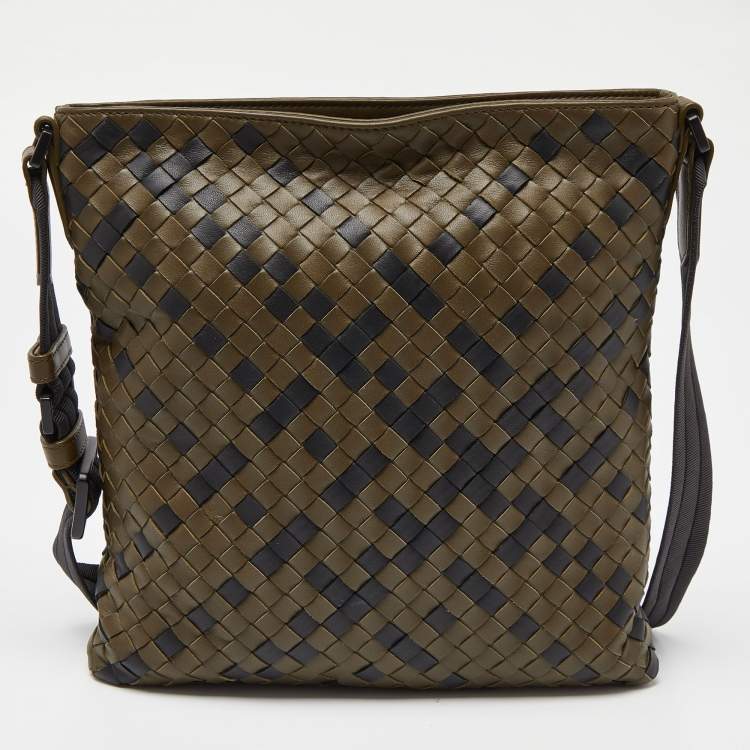 Pre Owned Bottega Veneta Olive Green/Black Intrecciato Leather Messenger Bag
