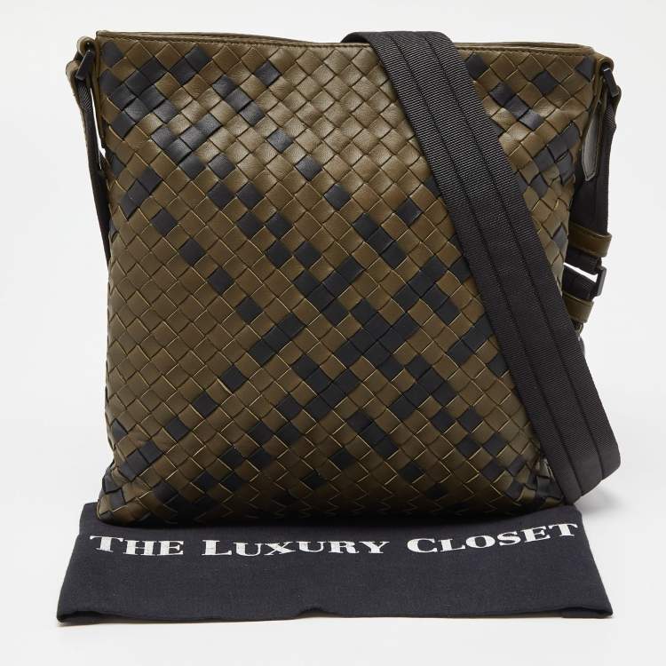 Pre Owned Bottega Veneta Olive Green/Black Intrecciato Leather Messenger Bag