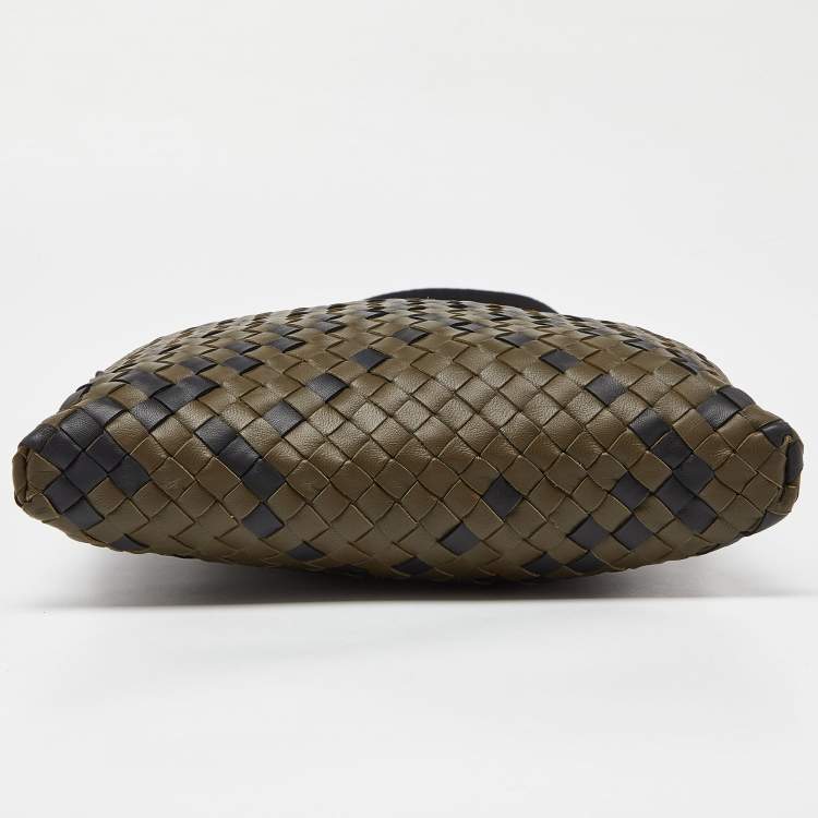 Pre Owned Bottega Veneta Olive Green/Black Intrecciato Leather Messenger Bag