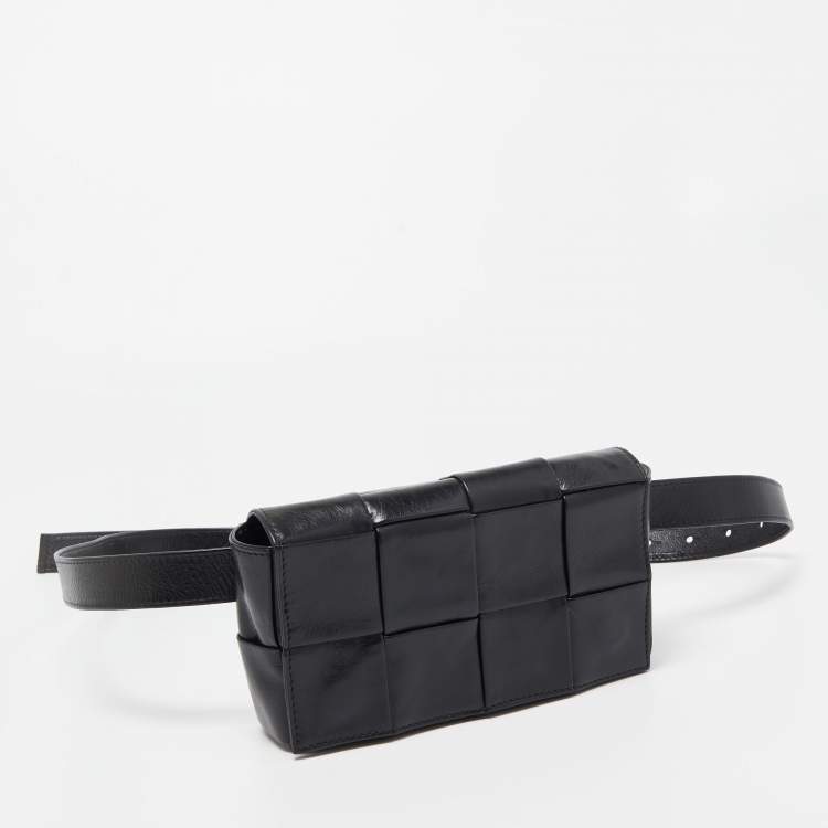 Pre Owned Bottega Veneta Black Intreccio Leather Mini Cassette Belt Bag