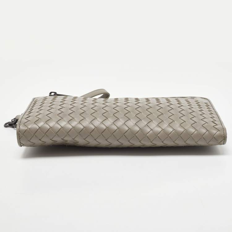 Pre Owned Bottega Veneta Grey Intrecciato Leather Wristlet Clutch 