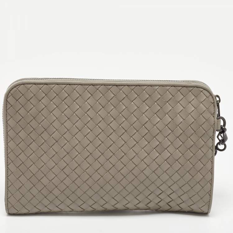 Pre Owned Bottega Veneta Grey Intrecciato Leather Wristlet Clutch 