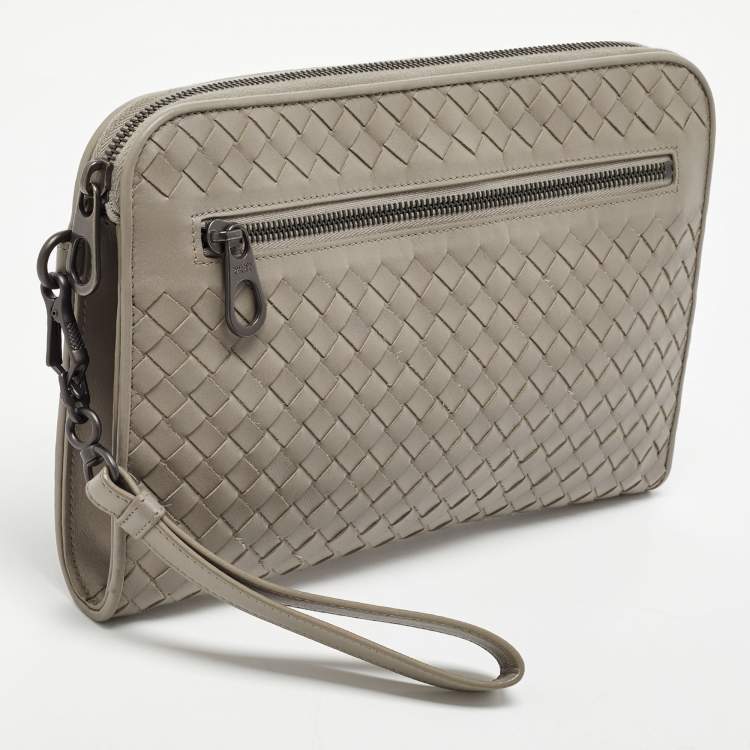 Pre Owned Bottega Veneta Grey Intrecciato Leather Wristlet Clutch 