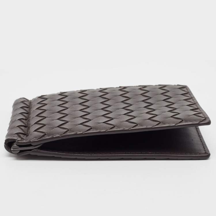 Pre Owned Bottega Veneta Dark Brown Intrecciato Leather Bill Clip Wallet
